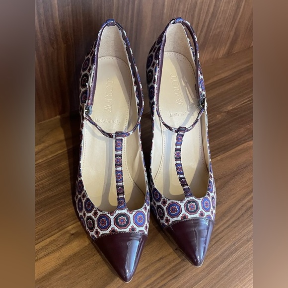 Rare EUC JCREW Everly T-Strap Cap Toe Pump 7.5 Ratti Silk Foulard Burgundy Multi - Picture 2 of 12
